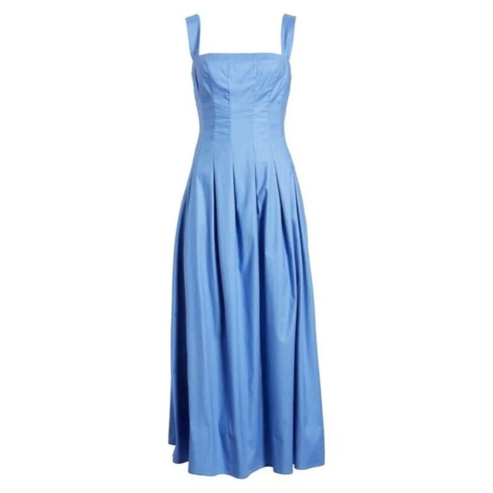 NWT Reformation Mika in Dusk Blue Square Neck Pleated Cotton Midi Dress 8